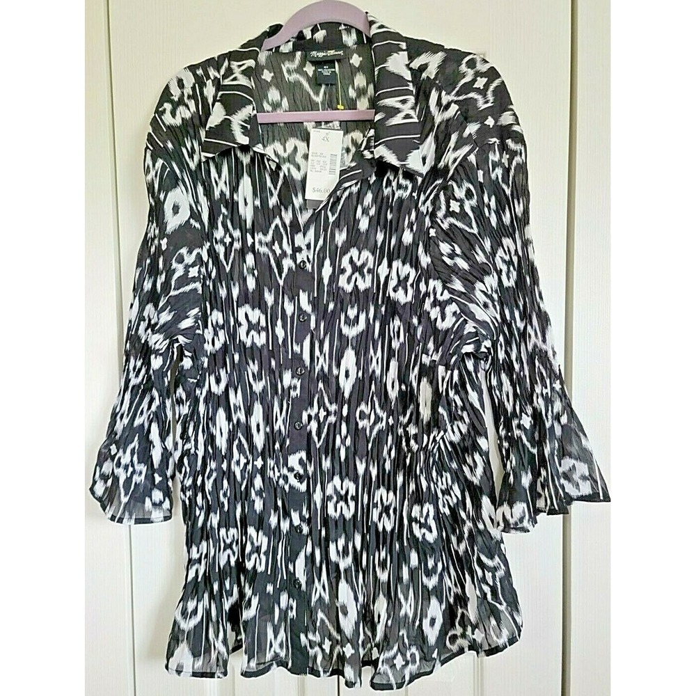 Maggie Barns Plus Blouse Pleated Black/White Ruffle Top Size 30/32 NWT RV $46